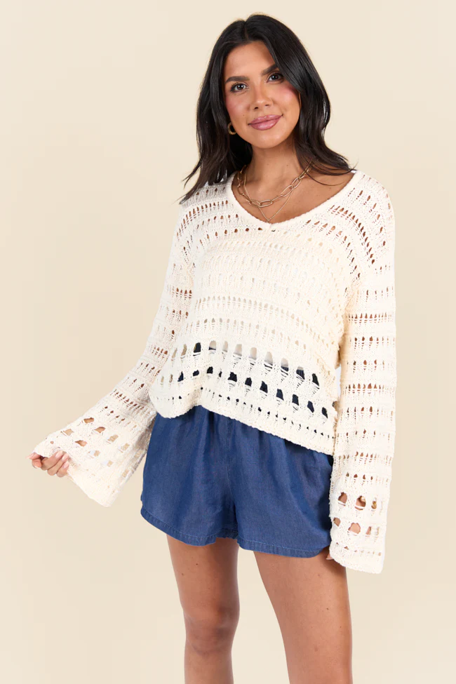 Chasing Daylight Cream Open Knit V-Neck Sweater DOORBUSTER - Terpint
