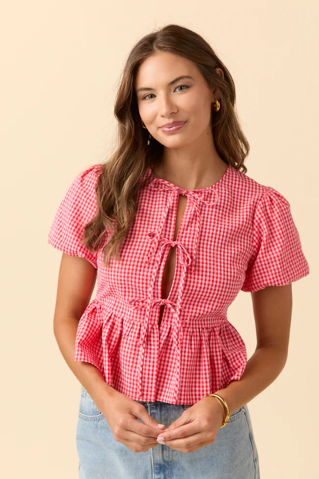 Mila Red Gingham Tie Front Flounce Woven Blouse DOORBUSTER - Terpint