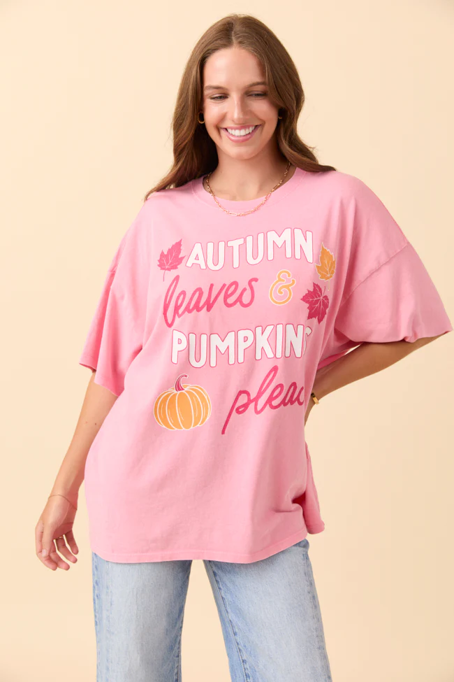 Autumn Leaves & Pumpkins Please Taffy Pink Oversized Graphic Tee - Terpint
