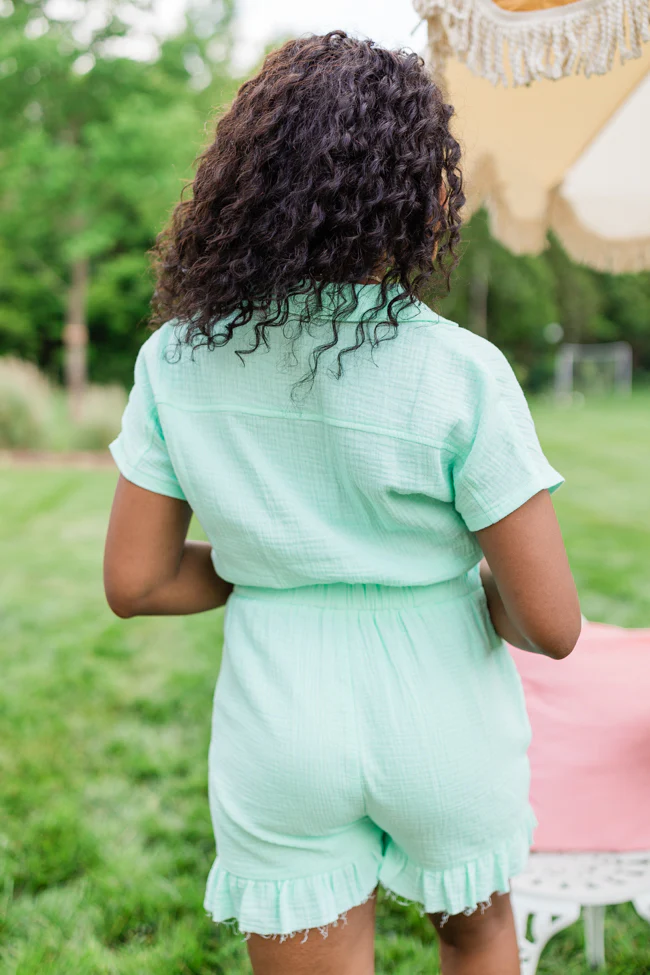 Stop And Stare Mint Flutter Hem Collared Romper FINAL SALE - Terpint