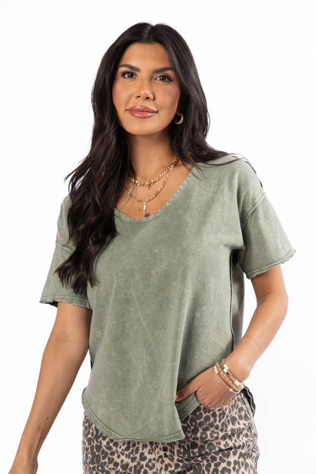 Tell Me About It Olive Acid Wash Scoop Neck Tee FINAL SALE - Terpint