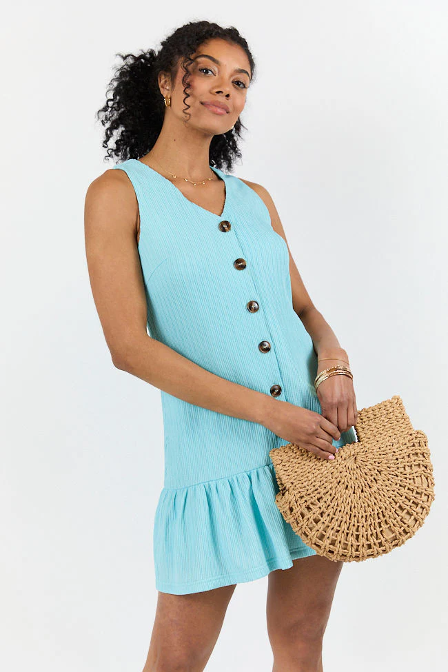 Sunset Romance Light Blue Knit Button Front Mini Dress FINAL SALE - Terpint