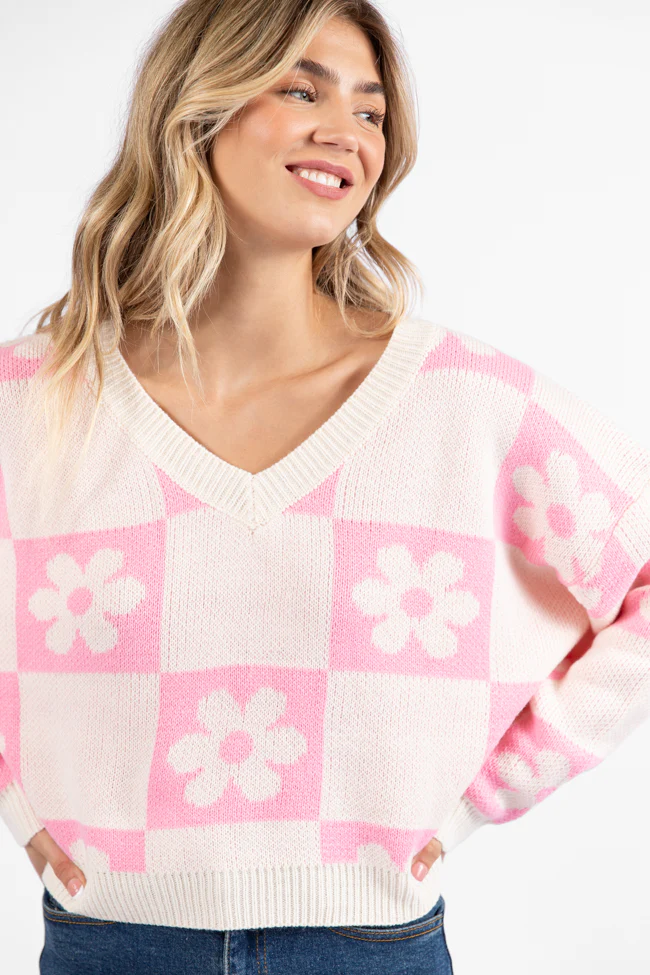 Found A New Way Pink V-Neck Checkered Flower Sweater FINAL SALE - Terpint