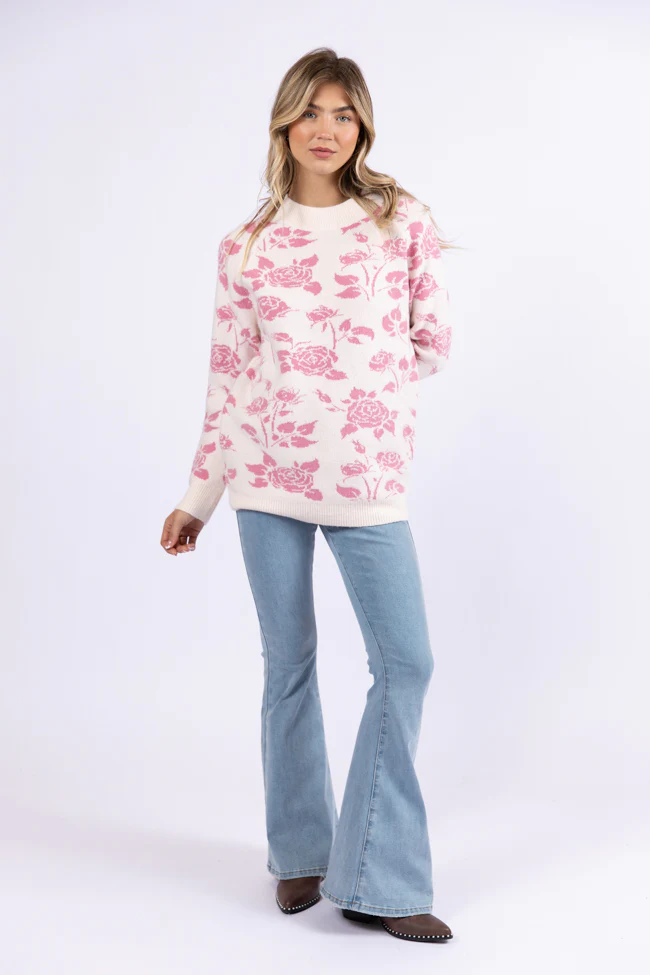 Feeling Like Love Ivory and Pink Floral Crew Neck Sweater FINAL SALE - Terpint