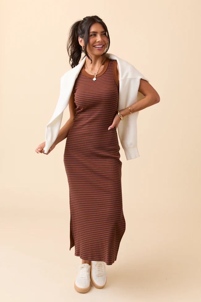 Emmie Lou Brown Striped Ribbed Knit Maxi Dress DOORBUSTER - Terpint