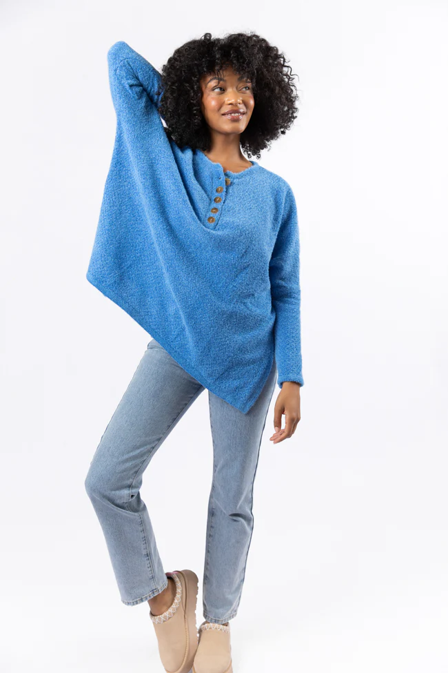 Thinking Of You Blue Fuzzy Henley Blouse FINAL SALE - Terpint
