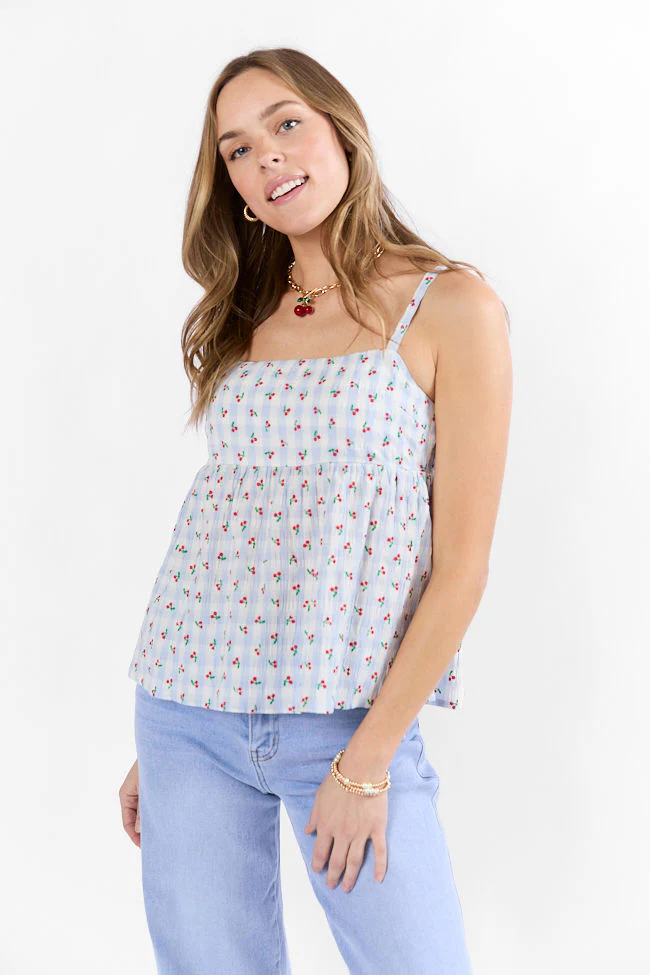 Sweet As Can Be Blue Cherry Gingham Print Tank FINAL SALE - Terpint