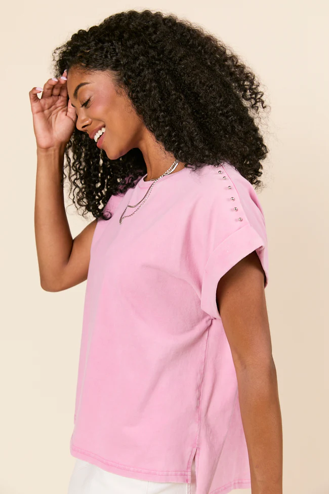 Kamryn Studded Short Sleeve Pink Acid Wash Tee - Terpint