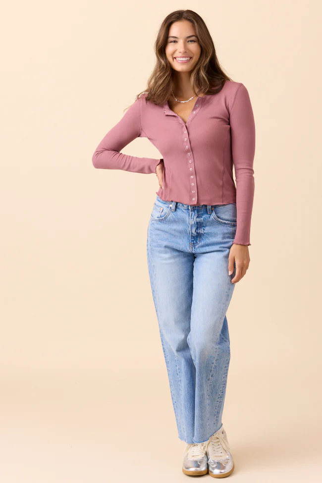 Anneliese Mauve Waffle Henley Top DOORBUSTER - Terpint
