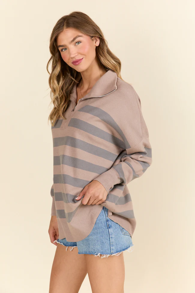 Pulling Heartstrings Taupe Striped Quarter Zip Pullover FINAL SALE - Terpint
