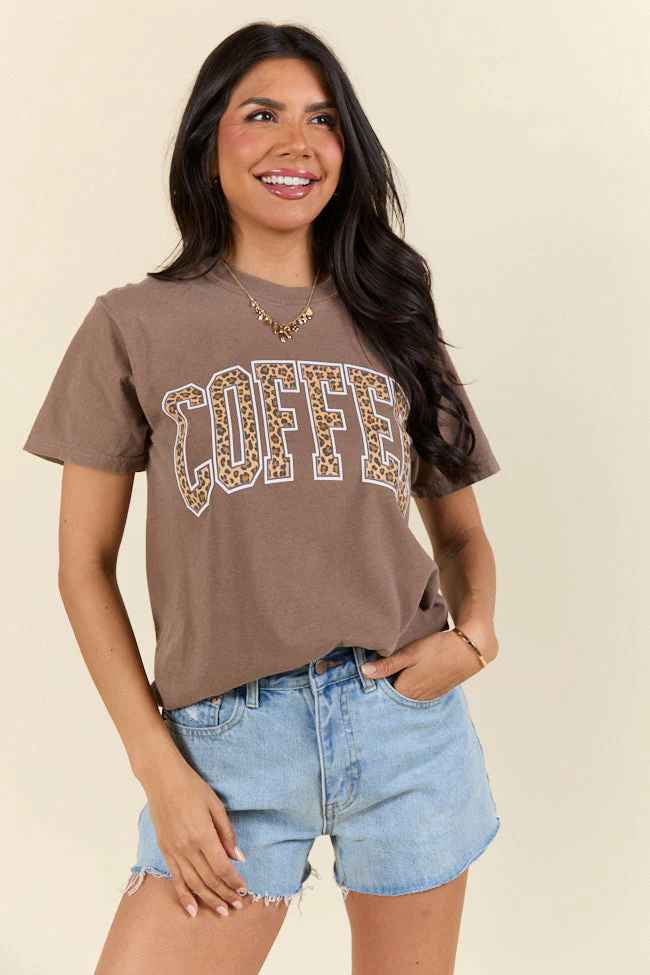 Coffee Leopard Print Brown Graphic Tee - Terpint