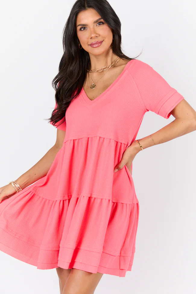 Planning Ahead Coral Waffle Knit Short Sleeve V-neck Dress SALE - Terpint
