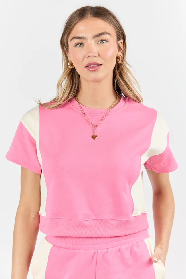 Make Or Break Pink and Ivory Contrast French Terry Short Sleeve Sweatshirt SALE - Terpint