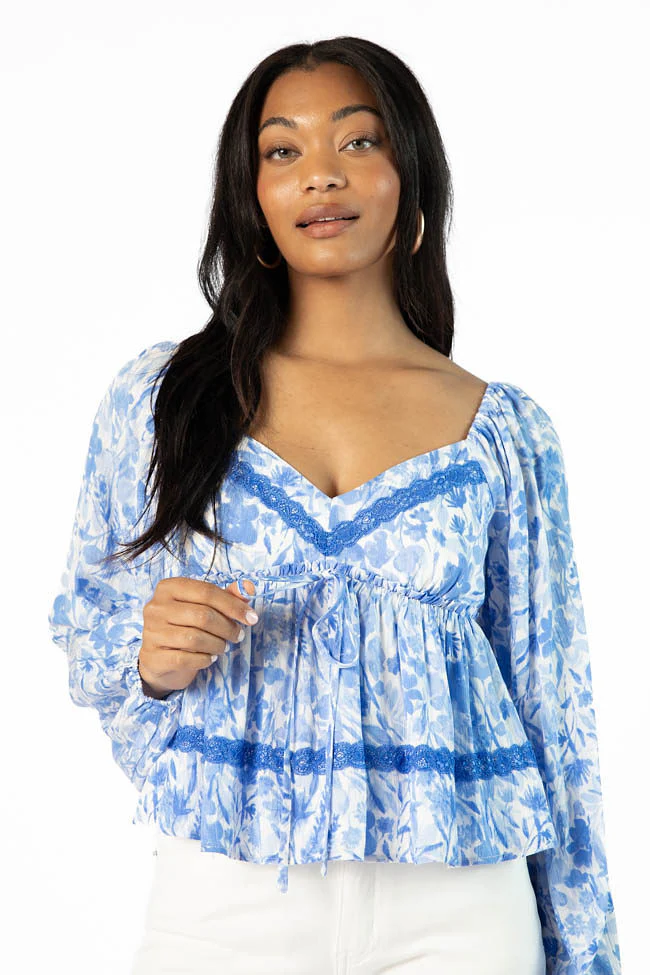 In My Dreams Blue Lace Trim Floral Blouse SALE - Terpint