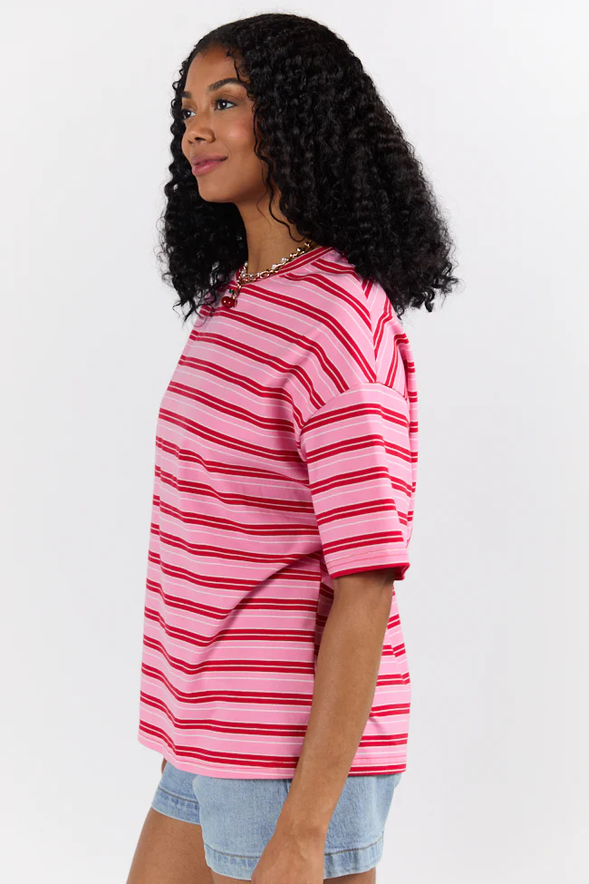 Between The Lines Pink and Red Oversized Striped Tee DOORBUSTER - Terpint