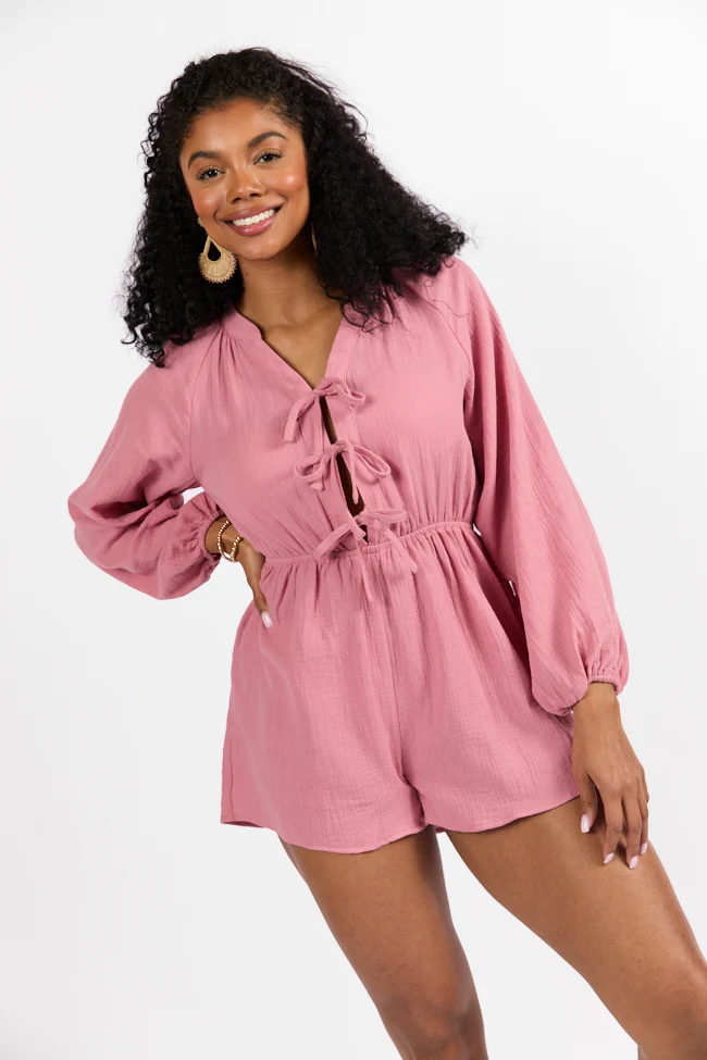 Endless Sunshine Pink Tie Front Long Sleeve Romper FINAL SALE - Terpint