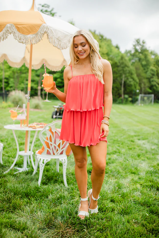 In the Afterglow Hot Coral Pleated Romper FINAL SALE - Terpint