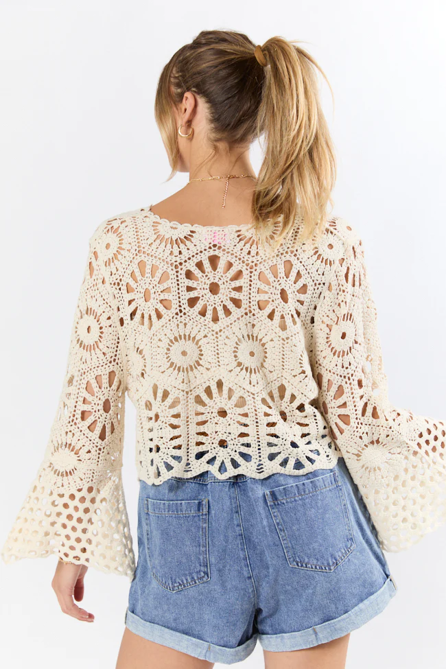 Morning Sun Beige Crochet Tie Front Cardigan FINAL SALE - Terpint