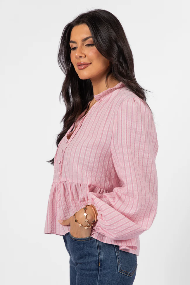 Oh My Darling Pink Stripe Notched Neckline Button Detail Peplum Blouse FINAL SALE - Terpint