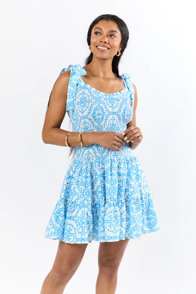 Enough For Me Blue and White Smocked Bodice Printed Mini Dress FINAL SALE - Terpint