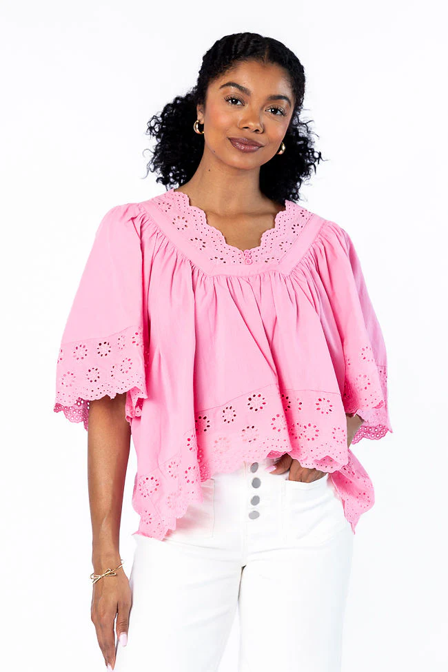 No Regrets Pink Eyelet Detail Popover Short Sleeve Blouse - Terpint