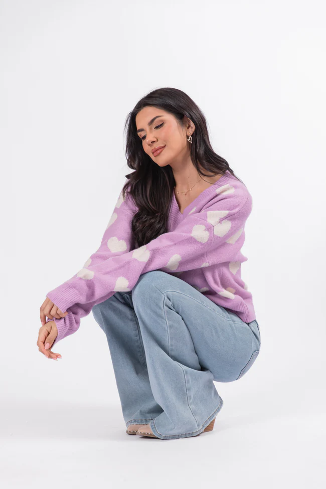 By The Book Lilac Hearts V-Neck Sweater FINAL SALE - Terpint