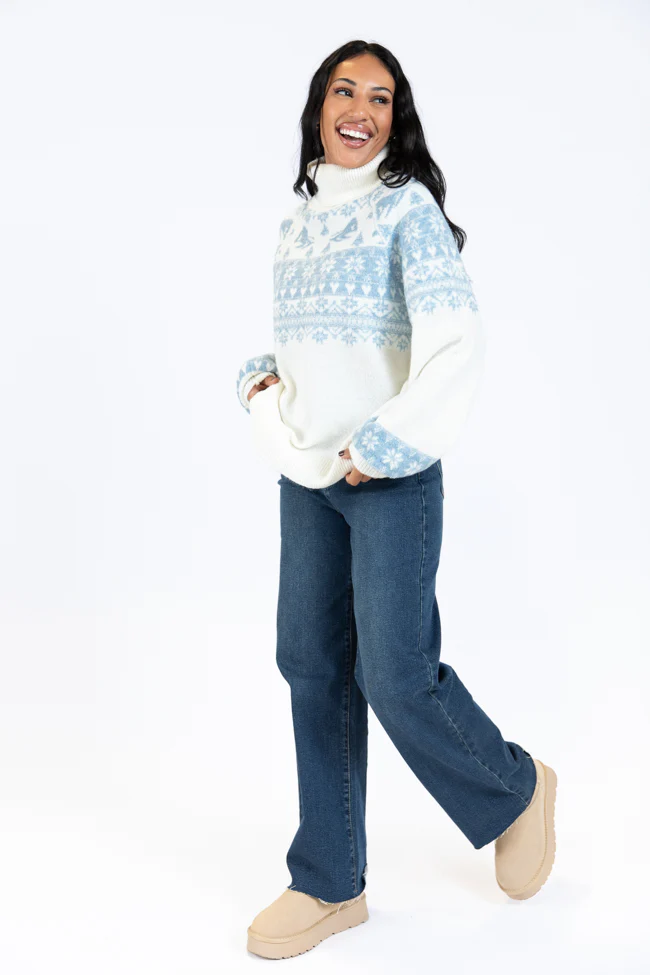 For The Best Ivory and Blue Ski Print Fair Isle Turtleneck Sweater FINAL SALE - Terpint