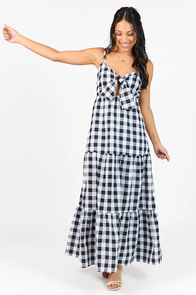 Checked Out Black and White Gingham Tie Front Maxi Dress FINAL SALE - Terpint