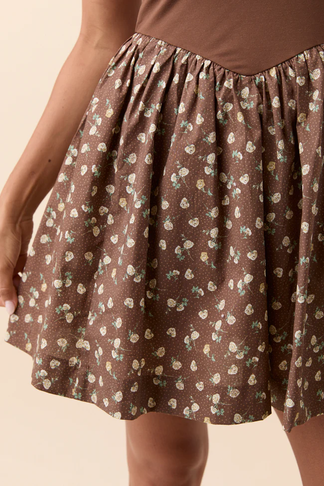 Adelina Brown Floral Drop Waist Mini Dress - Terpint