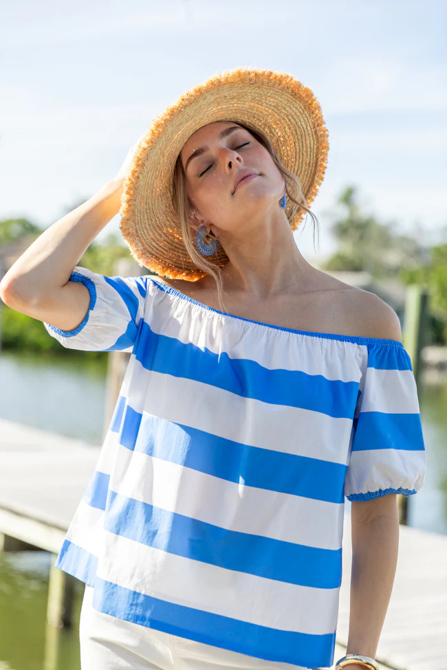 Never Want To Leave Blue Oversized Stripe Off The Shoulder Top FINAL SALE - Terpint
