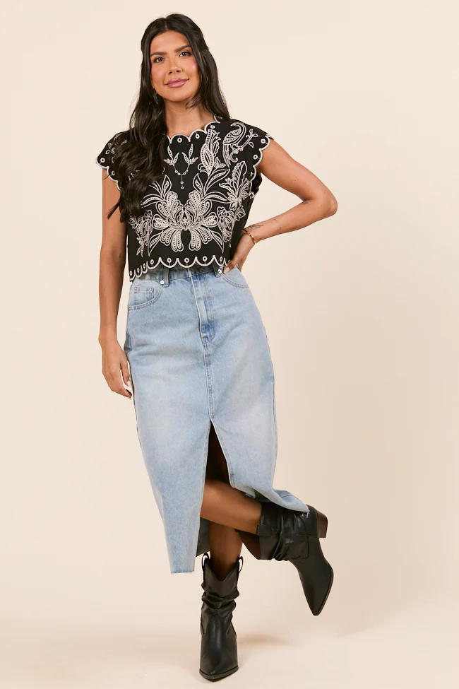 Amaya Cap Sleeve Black Embroidered Woven Top - Terpint