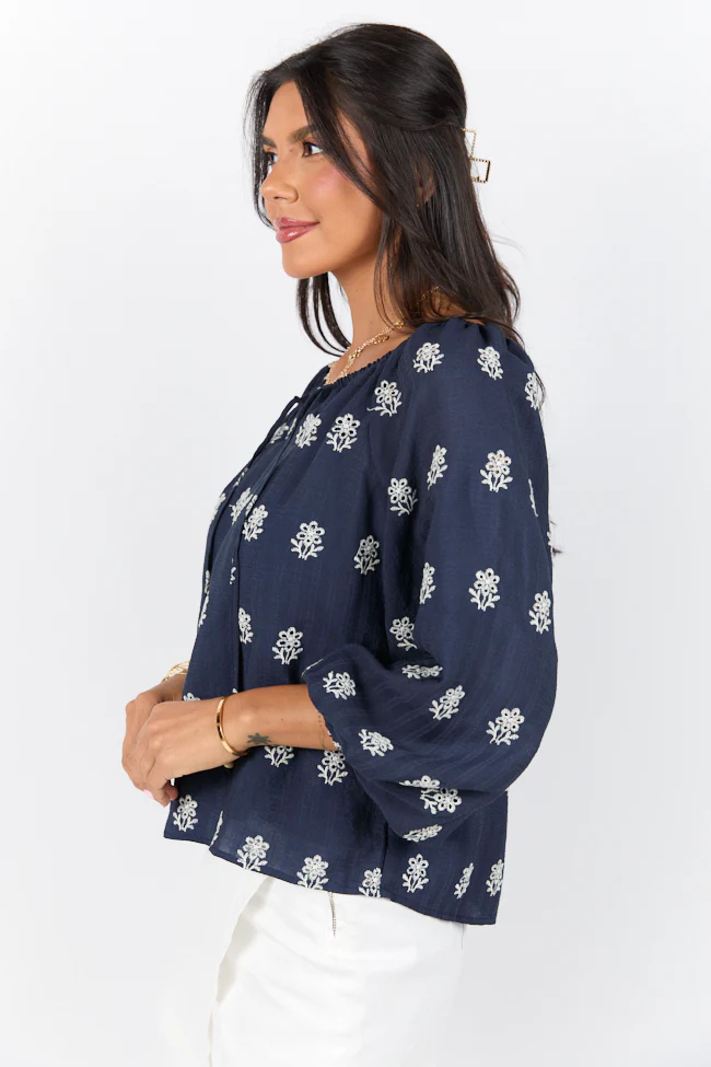 Come Along Navy Embroidered Woven Pop Over Blouse FINAL SALE - Terpint