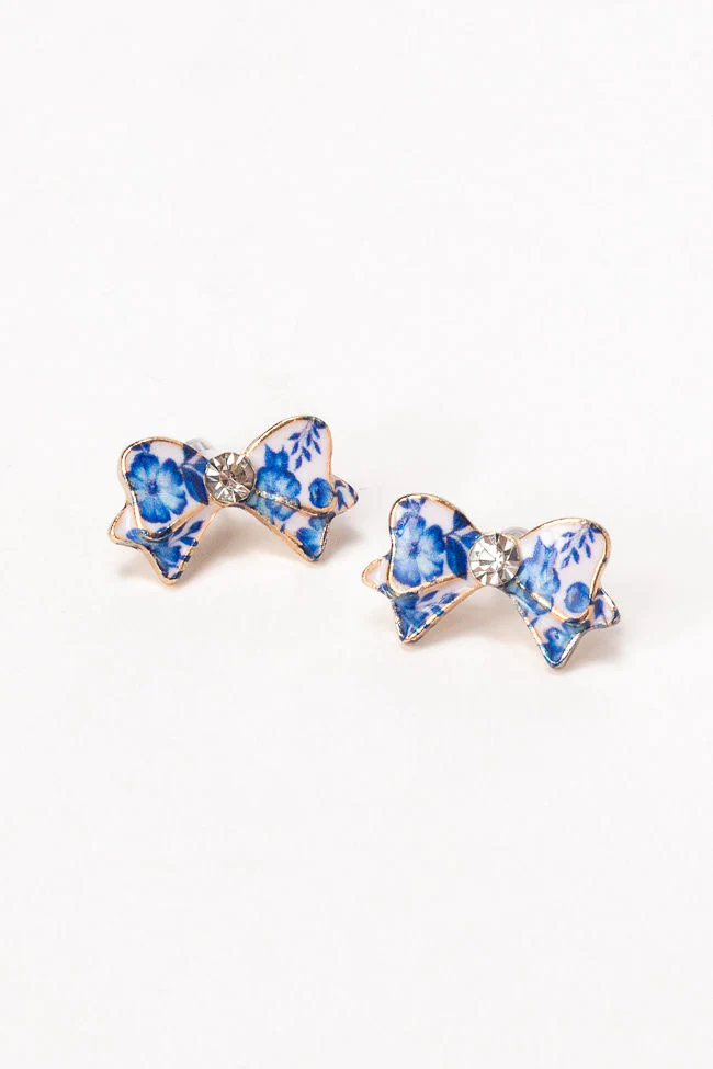 Blue Floral Printed Bow Earrings - Terpint