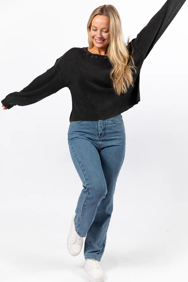 Fun and Games Black Acid Washed Waffle Long Sleeve Tee FINAL SALE - Terpint