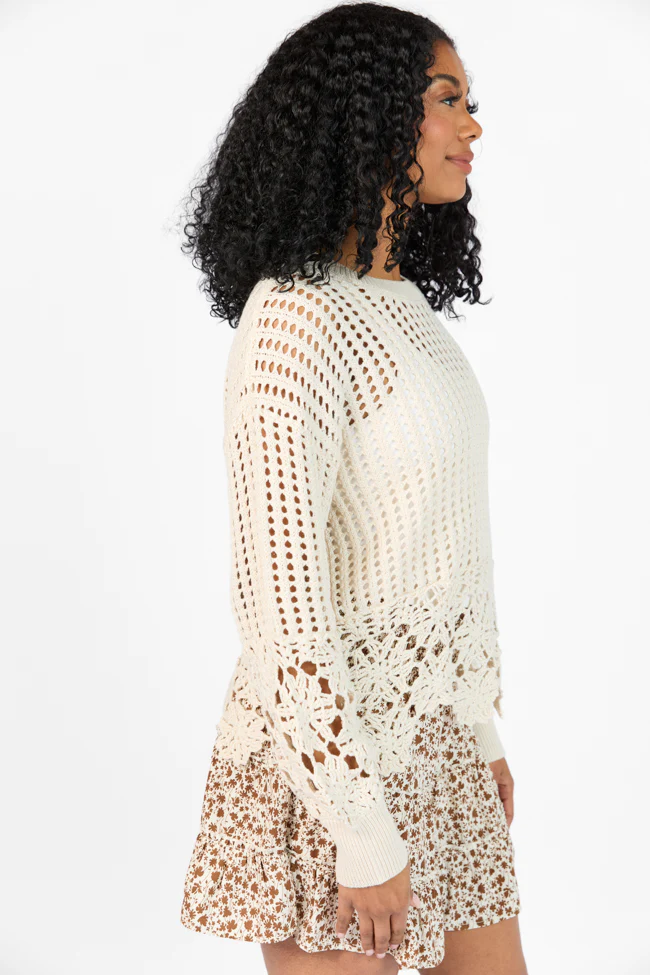 A Little Dramatic Crew Flower Trim Crochet Sweater - Terpint