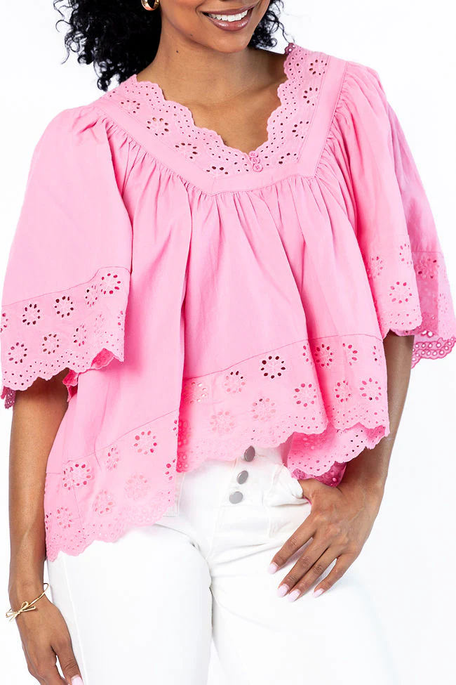 No Regrets Pink Eyelet Detail Popover Short Sleeve Blouse - Terpint