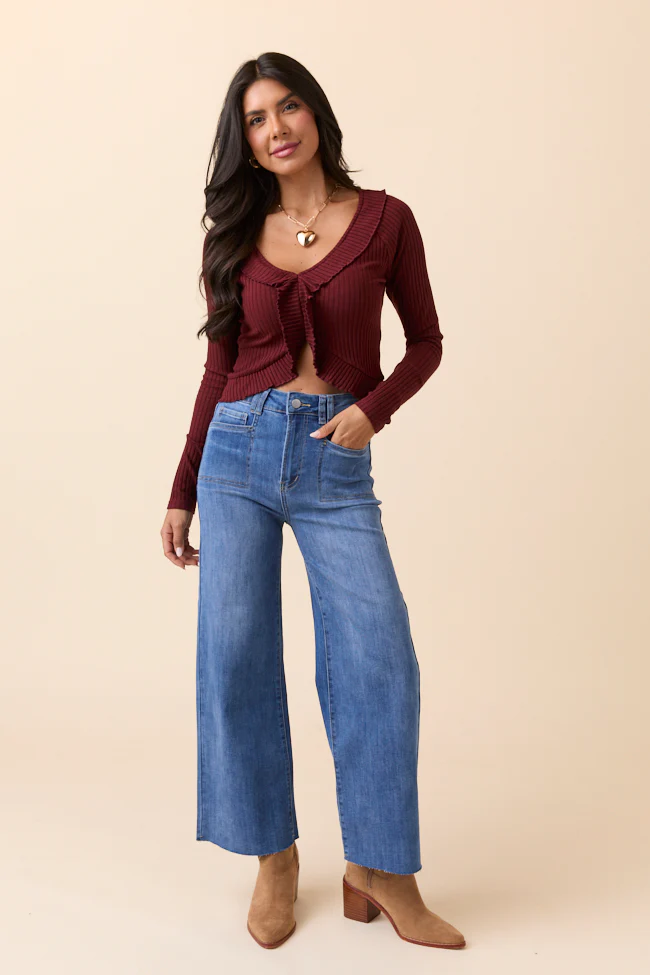 Linda Wine Ruffled Neckline Long Sleeve Knit Top - Terpint