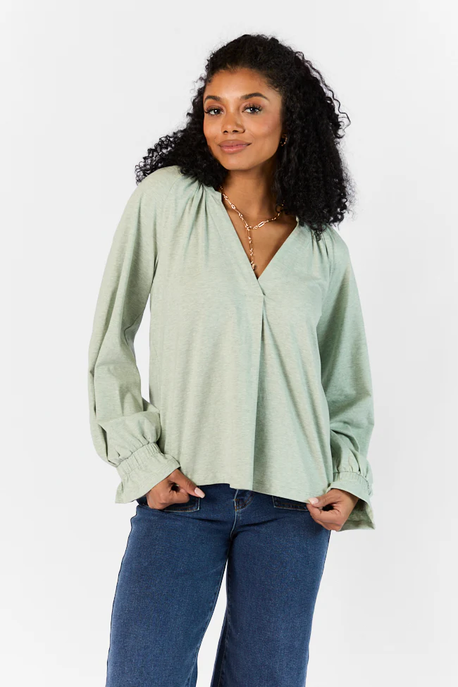 Simply You Sage Knit Notched Neck Long Sleeve Blouse FINAL SALE - Terpint