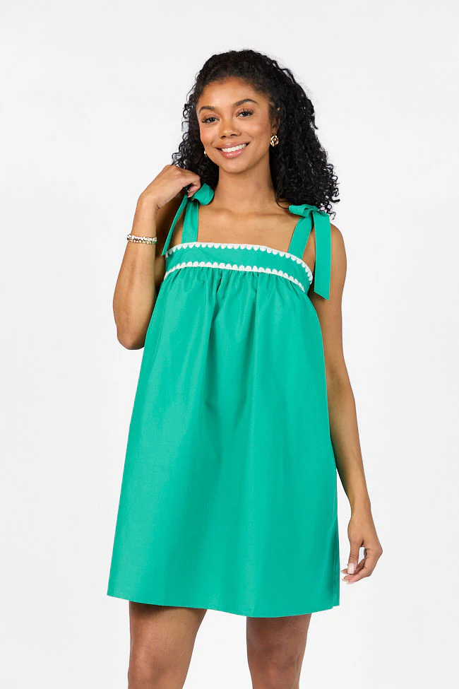 Better This Way Green Tie Shoulder Stitched Trim Mini Dress FINAL SALE - Terpint