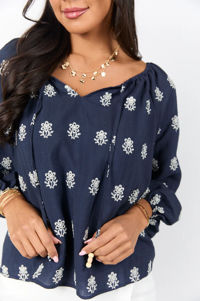 Come Along Navy Embroidered Woven Pop Over Blouse FINAL SALE - Terpint
