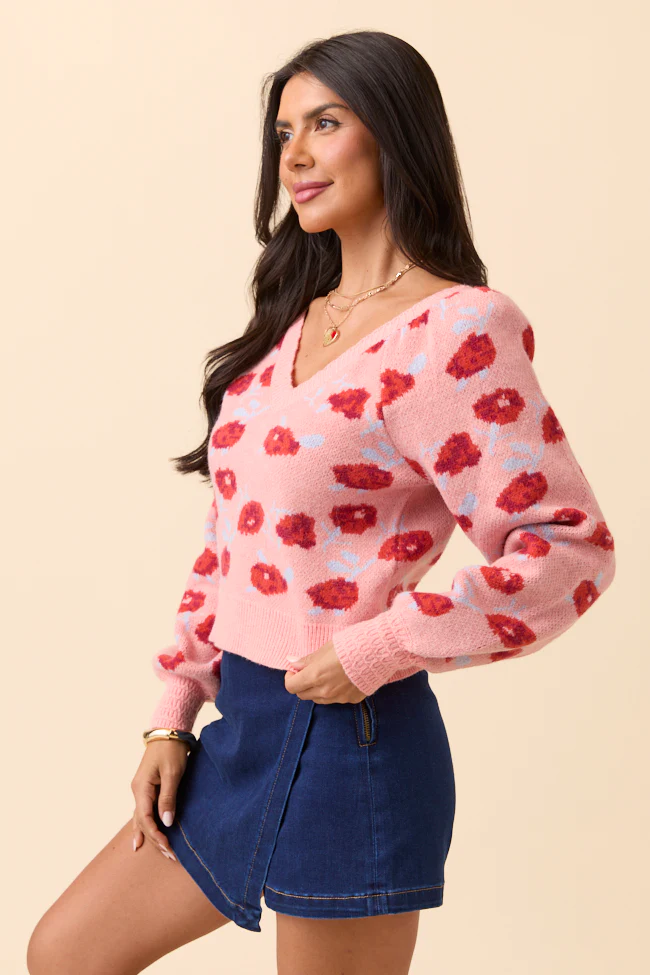 Amara Long Sleeve Blush Floral V Neck Sweater - Terpint