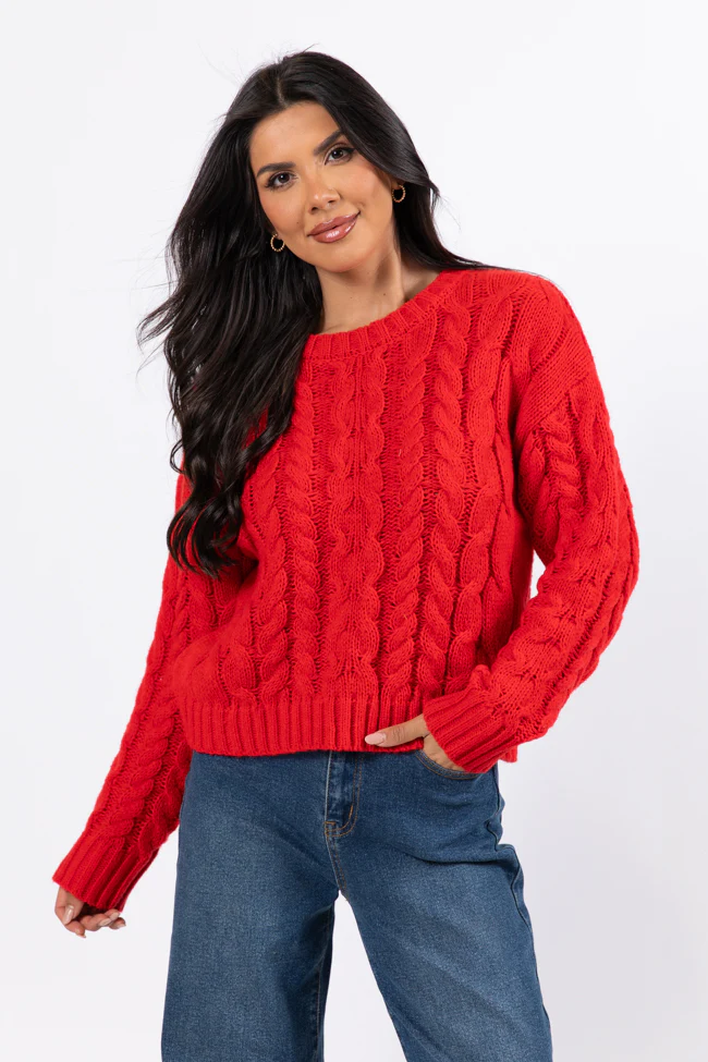 A Cozy Place Red Cable Knit Crew Neck Sweater FINAL SALE - Terpint