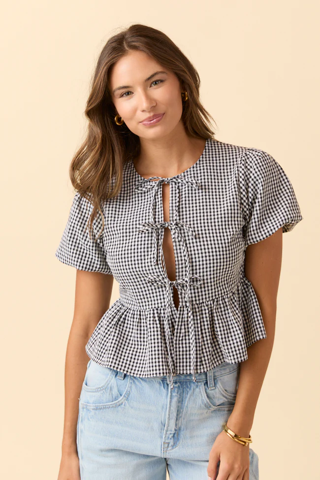 Mila Black Gingham Tie Front Flounce Woven Blouse DOORBUSTER - Terpint