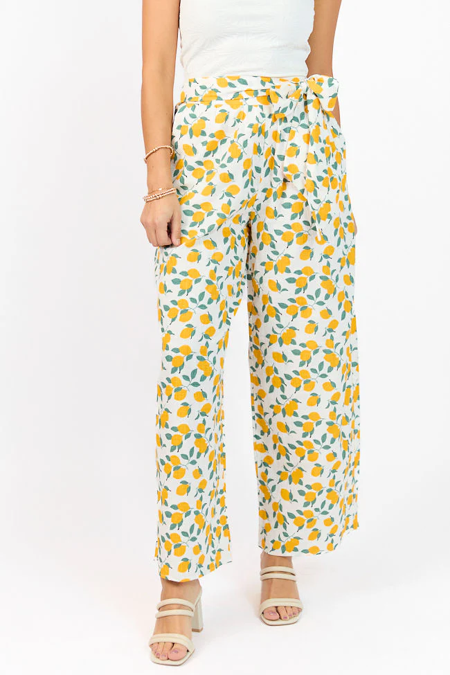 Main Squeeze Ivory Lemon Print Belted Wide Leg Pants FINAL SALE - Terpint