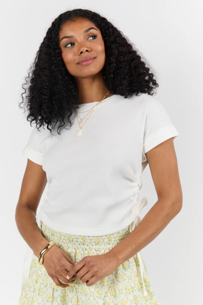 On The Road Again Ivory Waffle Knit Ruched Side Tee - Terpint