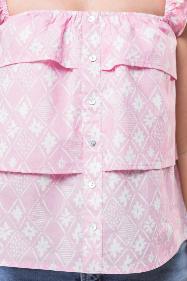 Wonderful Wildflowers Pink Print Button Front Tiered Tank SALE - Terpint