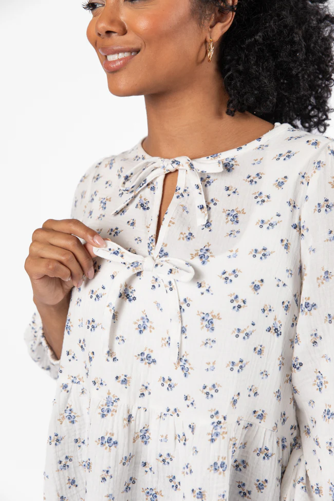 Close To Me Ivory and Blue Bow Detail Floral Blouse FINAL SALE - Terpint