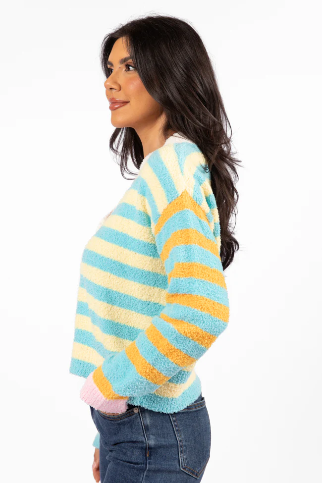 Check It Out Yellow, Blue, and Pink Fuzzy Cardigan DOORBUSTER - Terpint