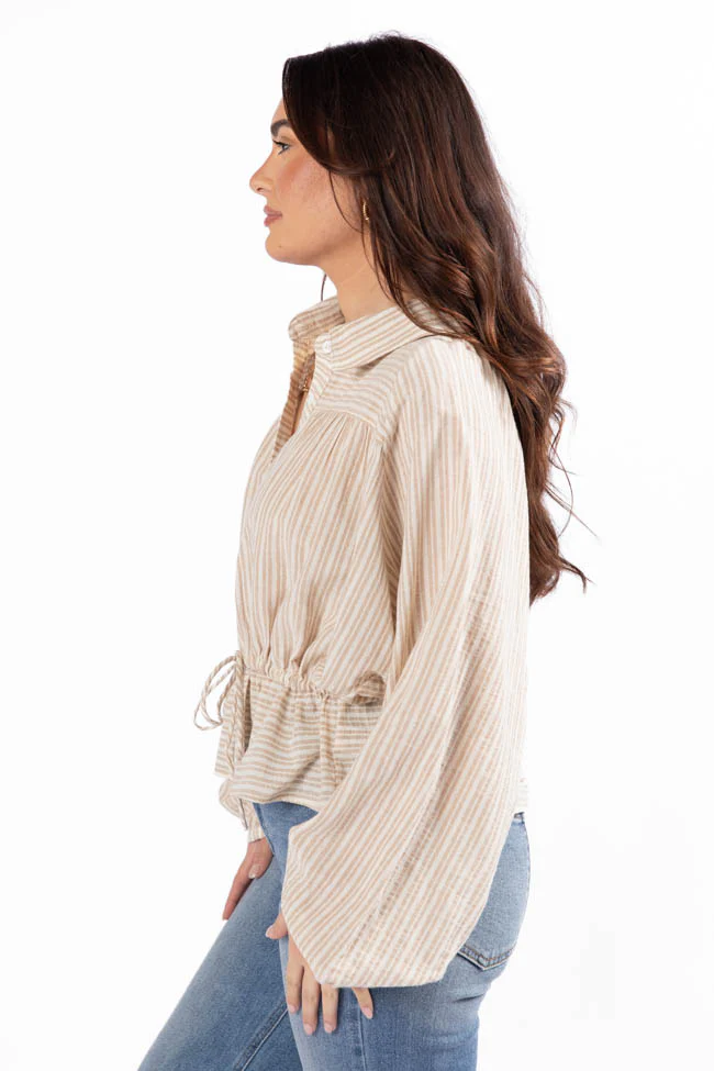 My Hands Are Tied Taupe Striped Drawstring Button Down Blouse FINAL SALE - Terpint