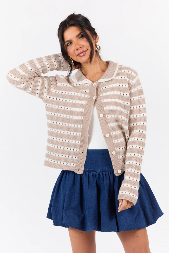 Warm Feelings Taupe Open Knit Striped Collared Cardigan DOORBUSTER - Terpint